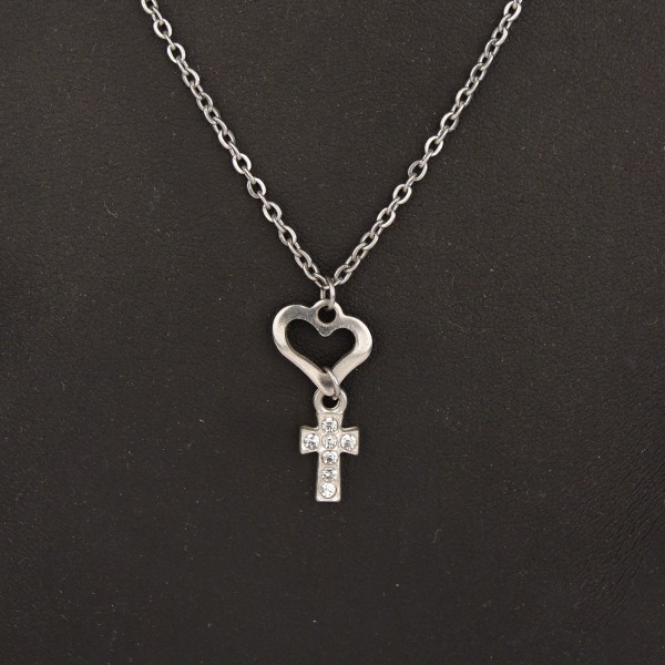 Stainless Steel Chain with Diamante Cross and Heart pendant